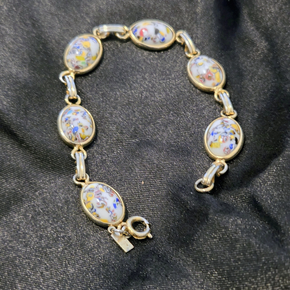 Gold-Tone Floral Enamel Oval Link Bracelet - White Multicolor